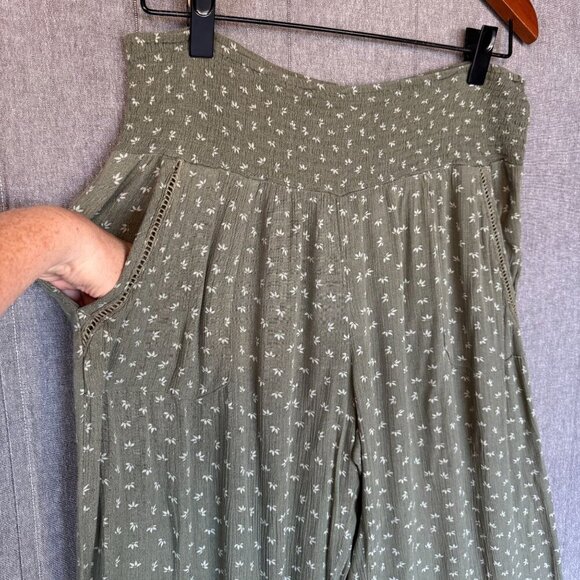 Three Dots Sage Green Ditzy Leaf Print High Rise Wide Leg Palazzo Pants Size XL - Picture 4 of 11